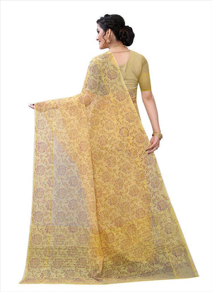 Beige Casual Wear Printed Cotton Saree - Peachmode