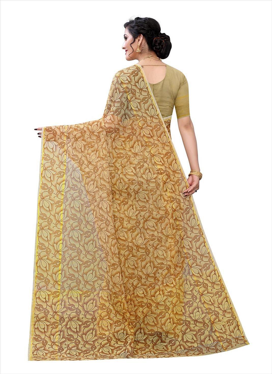 Beige Casual Wear Printed Cotton Saree - Peachmode