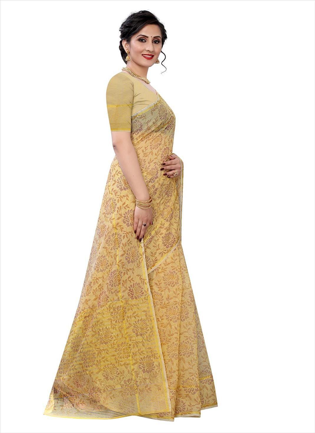 Beige Casual Wear Printed Cotton Saree - Peachmode