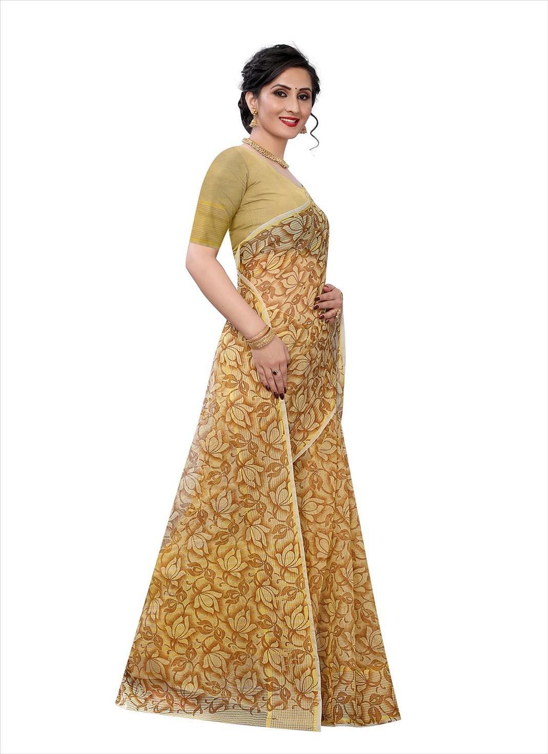 Beige Casual Wear Printed Cotton Saree - Peachmode