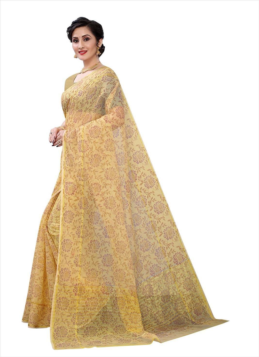 Beige Casual Wear Printed Cotton Saree - Peachmode