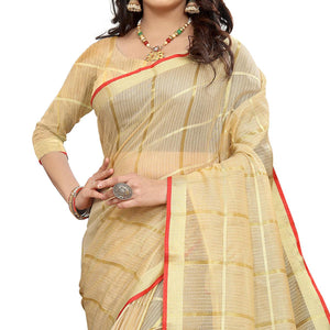 Beige Casual Wear Printed Doriya Cotton Saree - Peachmode
