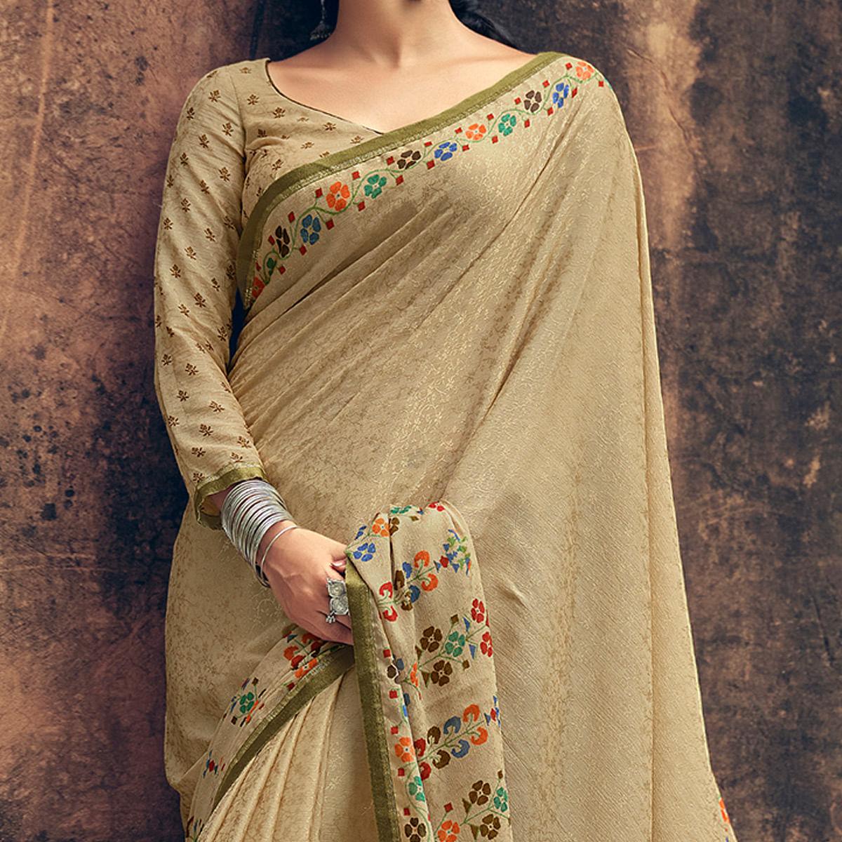 Beige Casual Wear Printed Pure Silk Saree - Peachmode