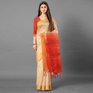 Beige Casual Wear Solid Cotton silk Saree - Peachmode