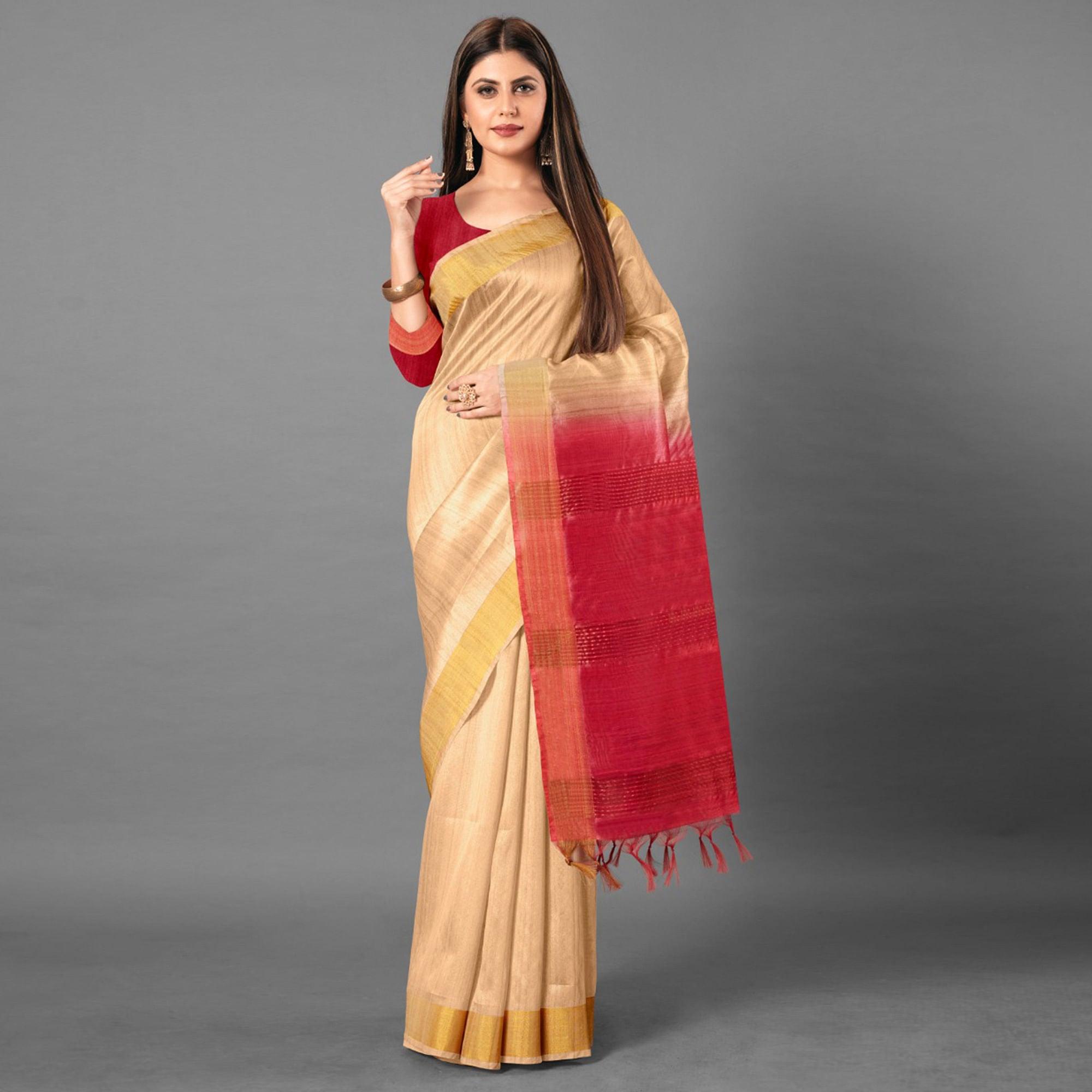 Beige Casual Wear Solid Cotton silk Saree - Peachmode