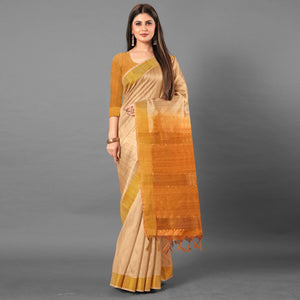 Beige Casual Wear Solid Cotton silk Saree - Peachmode