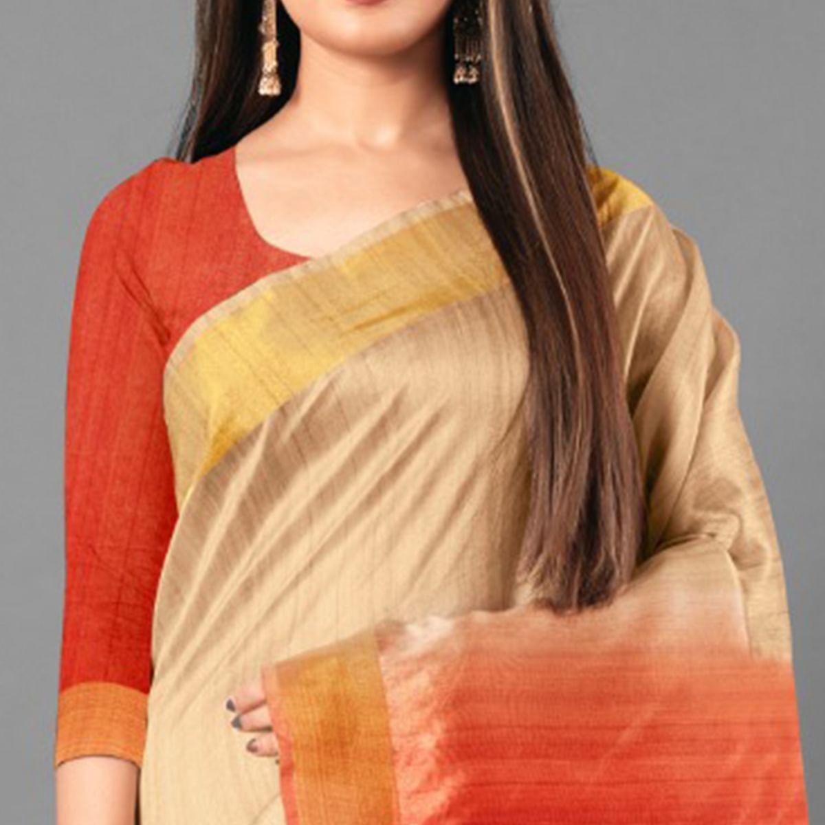 Beige Casual Wear Solid Cotton silk Saree - Peachmode