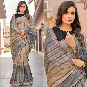 Beige Casual Wear Striped Printed Bhagalpuri Sarees - Peachmode