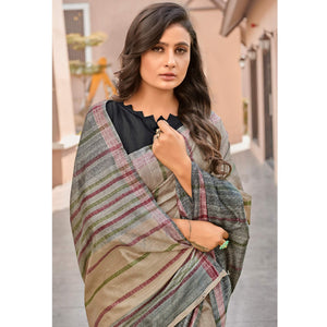 Beige Casual Wear Striped Printed Bhagalpuri Sarees - Peachmode