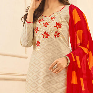 Beige Colored Embroidered Casual Wear Jacquard Suit - Peachmode