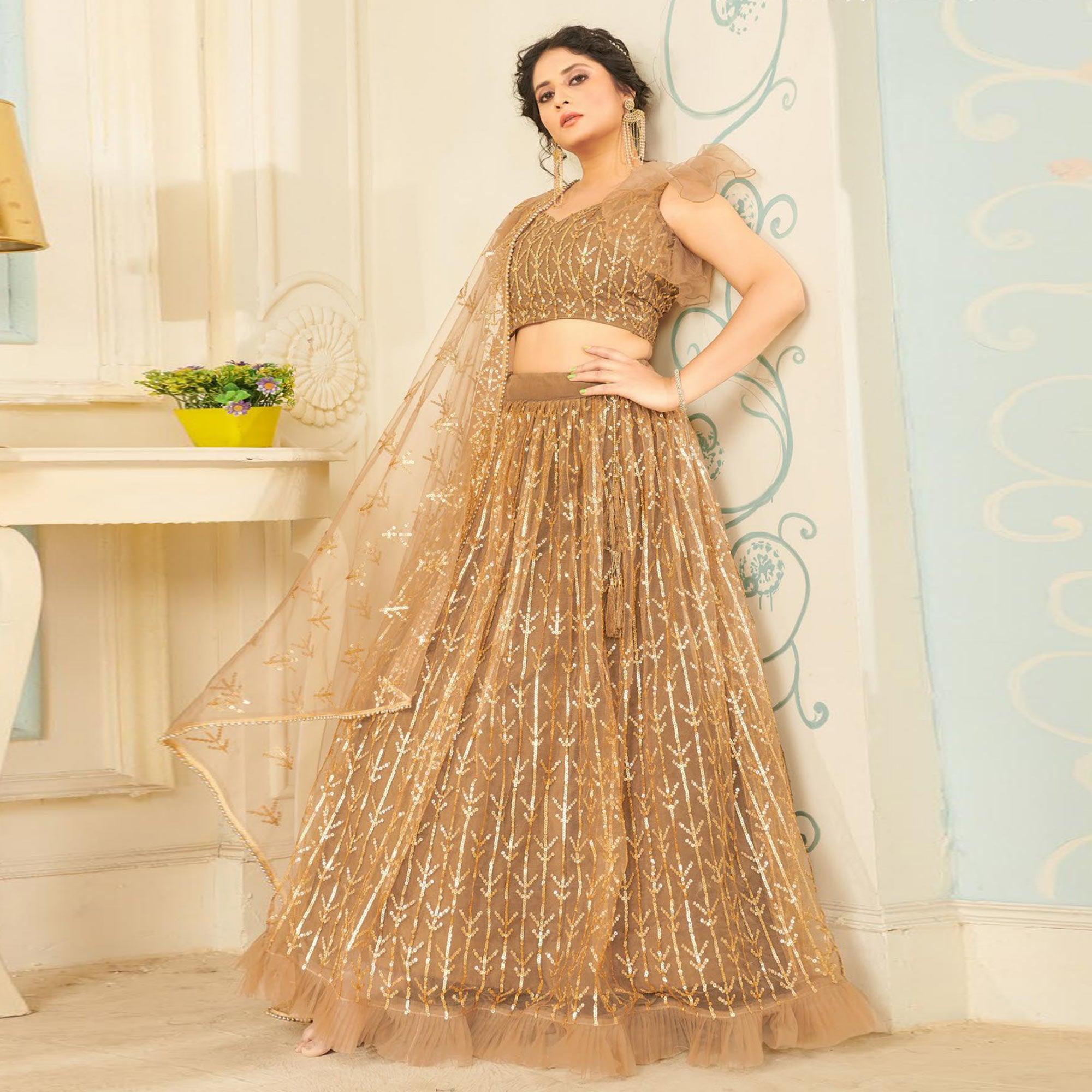 Beige Designer Wedding Wear Soft Net Lehenga Choli - Peachmode