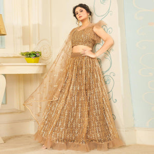 Beige Designer Wedding Wear Soft Net Lehenga Choli - Peachmode