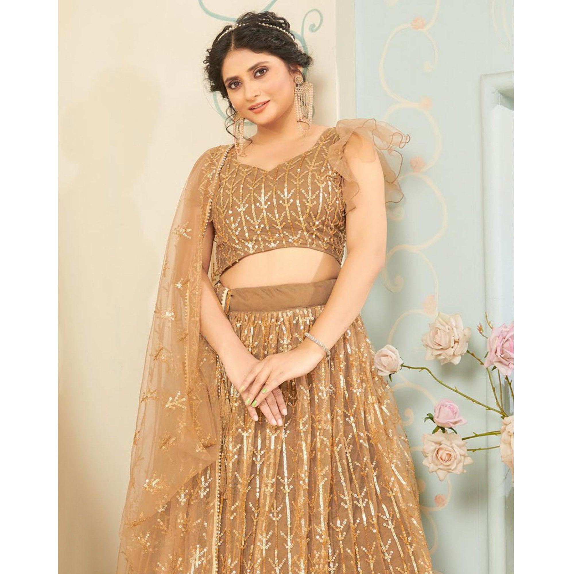 Beige Designer Wedding Wear Soft Net Lehenga Choli - Peachmode