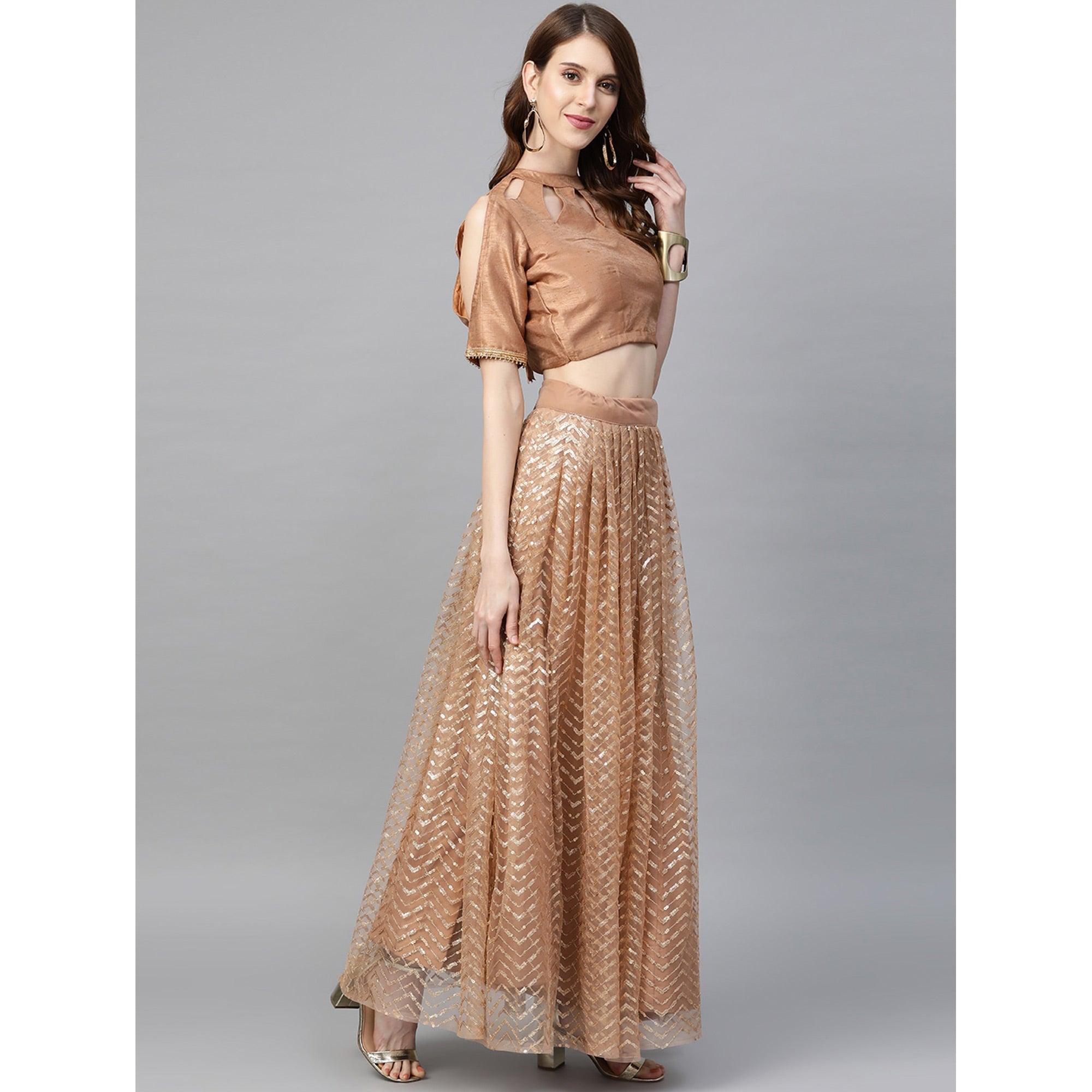 Beige Designer Wedding Wear Thread Zari Work Soft Net Lehenga Choli - Peachmode