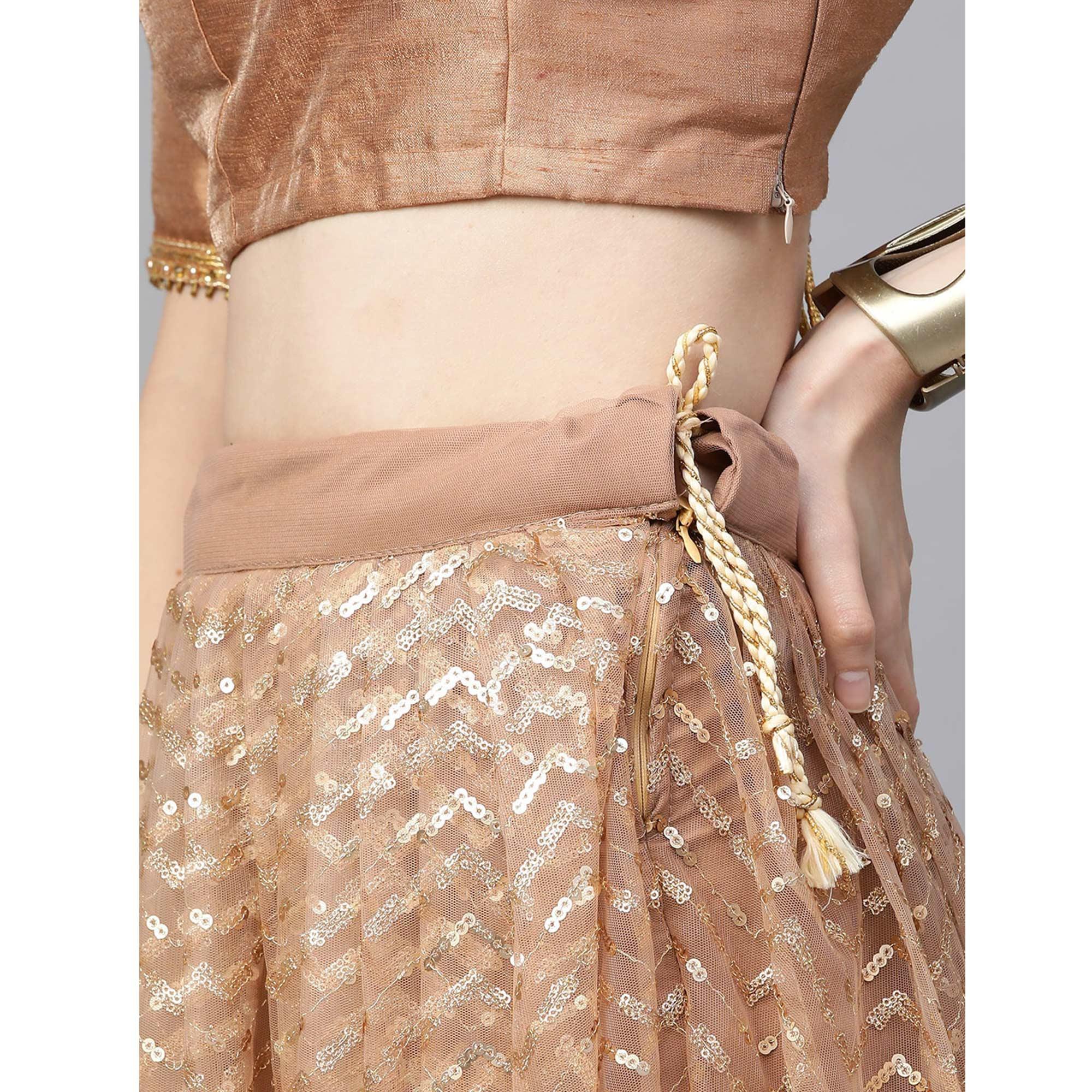 Beige Designer Wedding Wear Thread Zari Work Soft Net Lehenga Choli - Peachmode