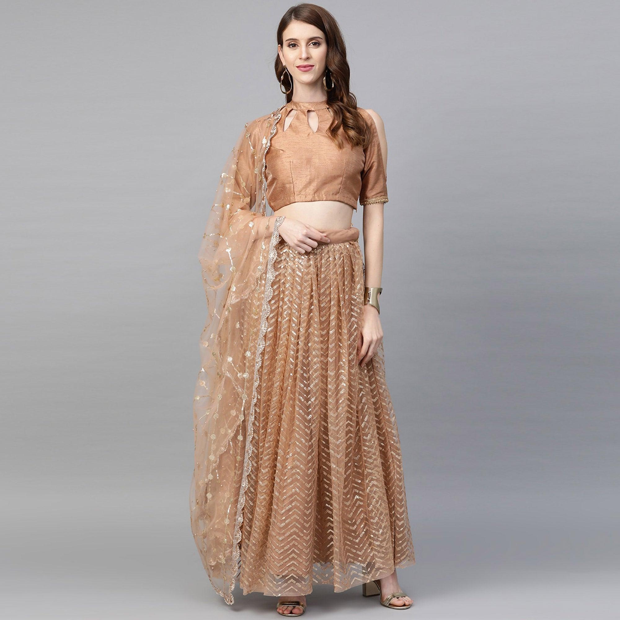 Beige Designer Wedding Wear Thread Zari Work Soft Net Lehenga Choli - Peachmode