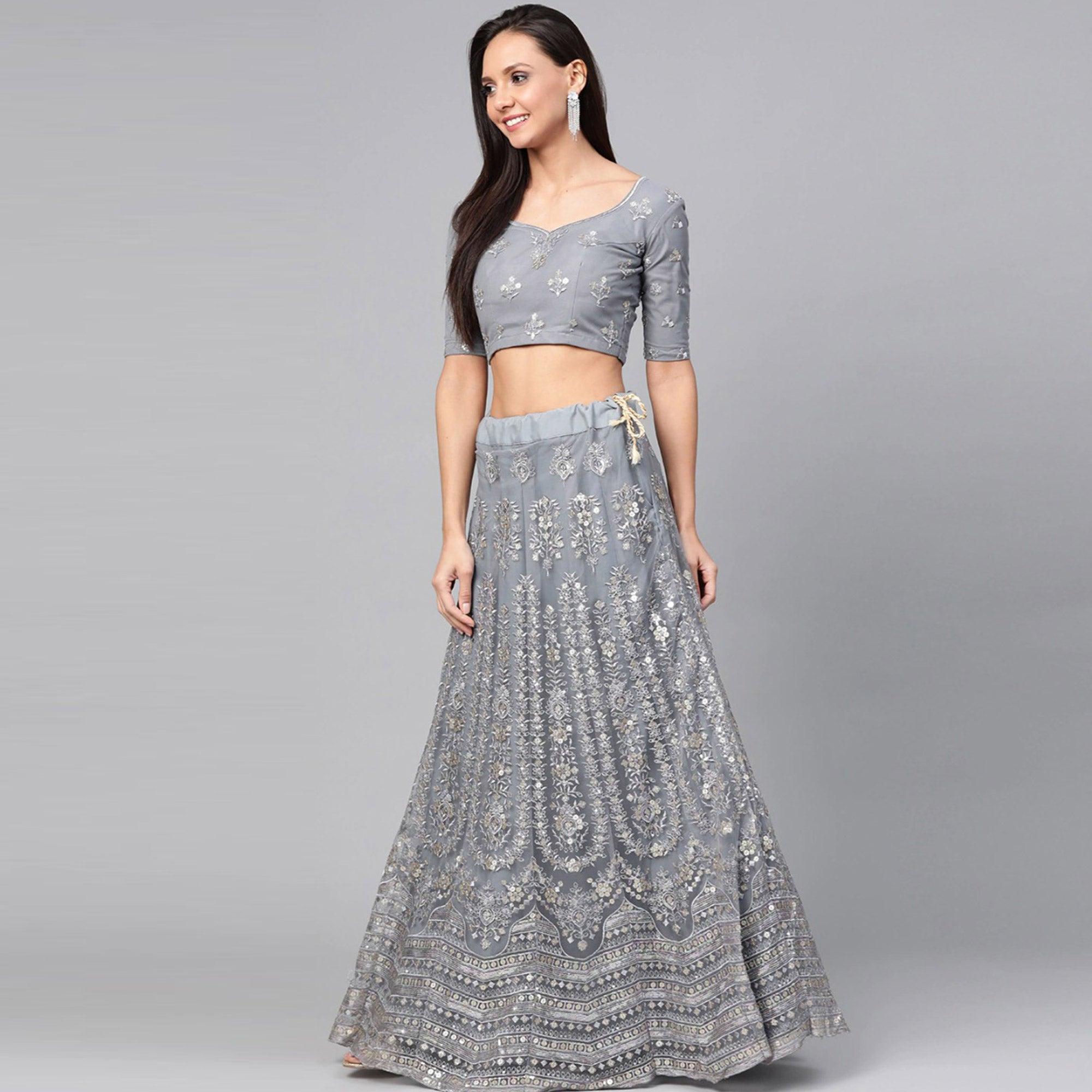 Beige Designer Wedding Wear Thread Zari Work Soft Net Lehenga Choli - Peachmode