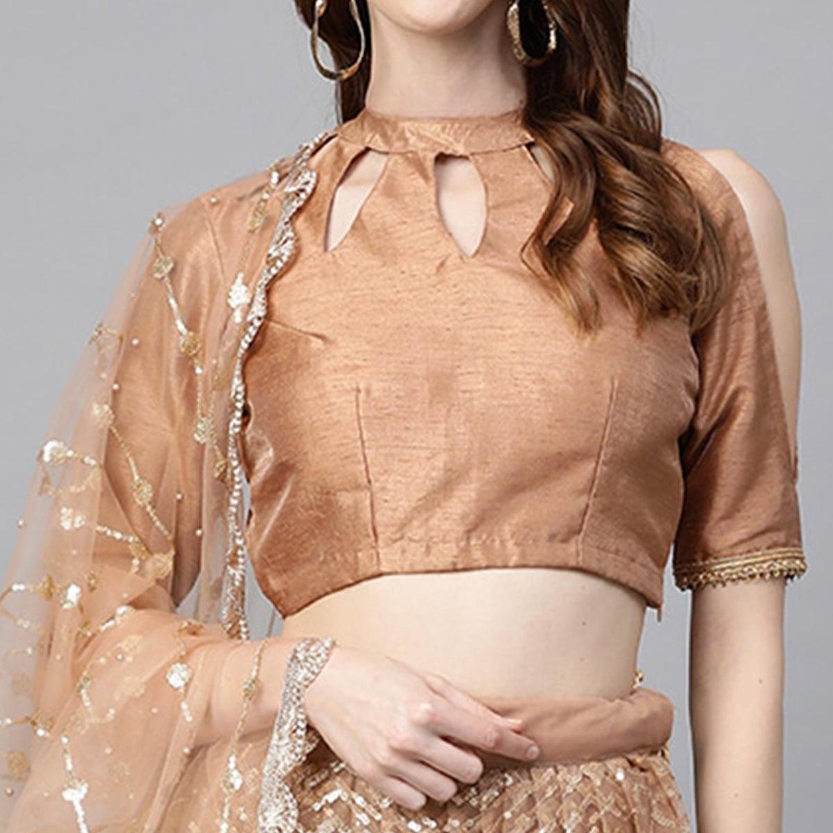 Beige Designer Wedding Wear Thread Zari Work Soft Net Lehenga Choli - Peachmode