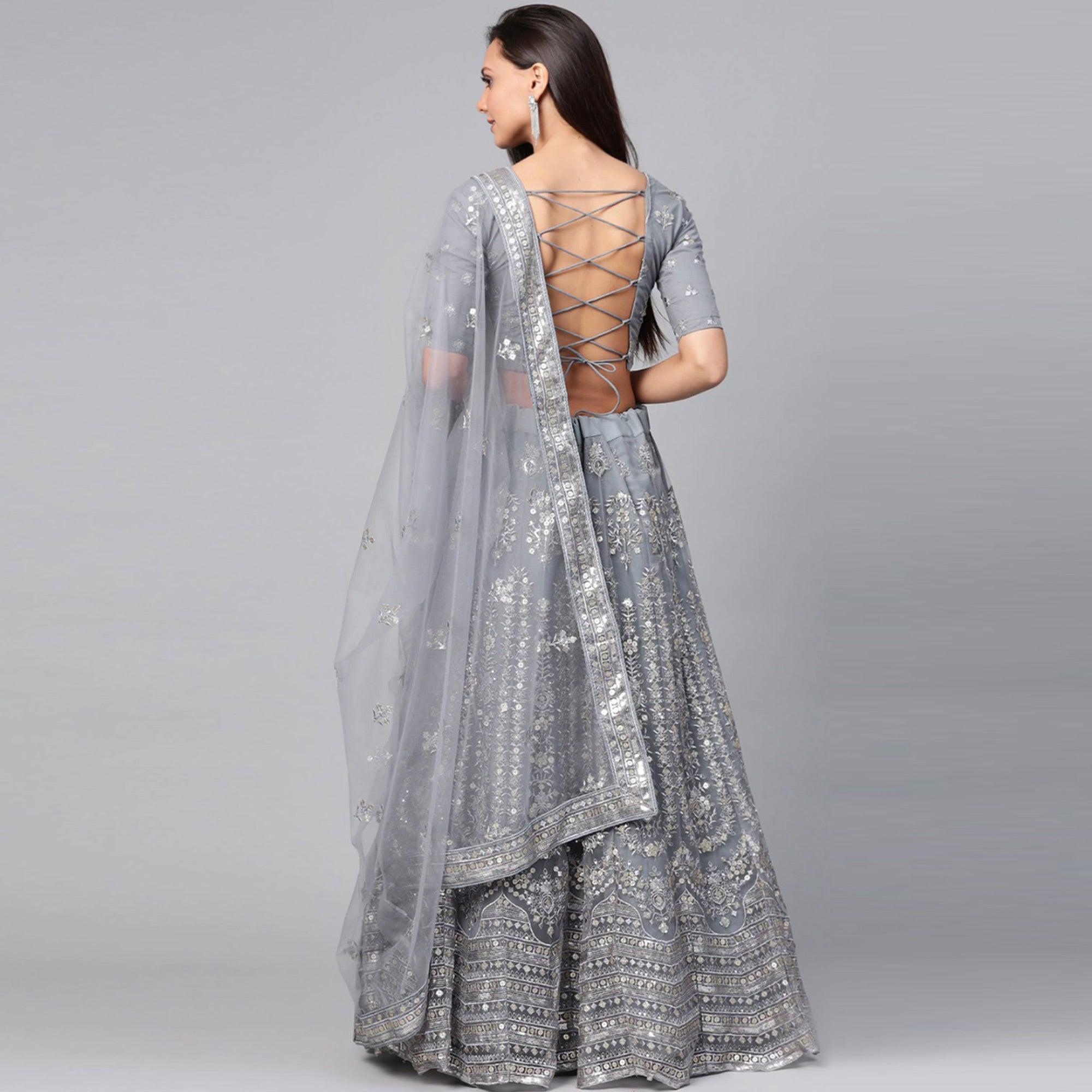Beige Designer Wedding Wear Thread Zari Work Soft Net Lehenga Choli - Peachmode
