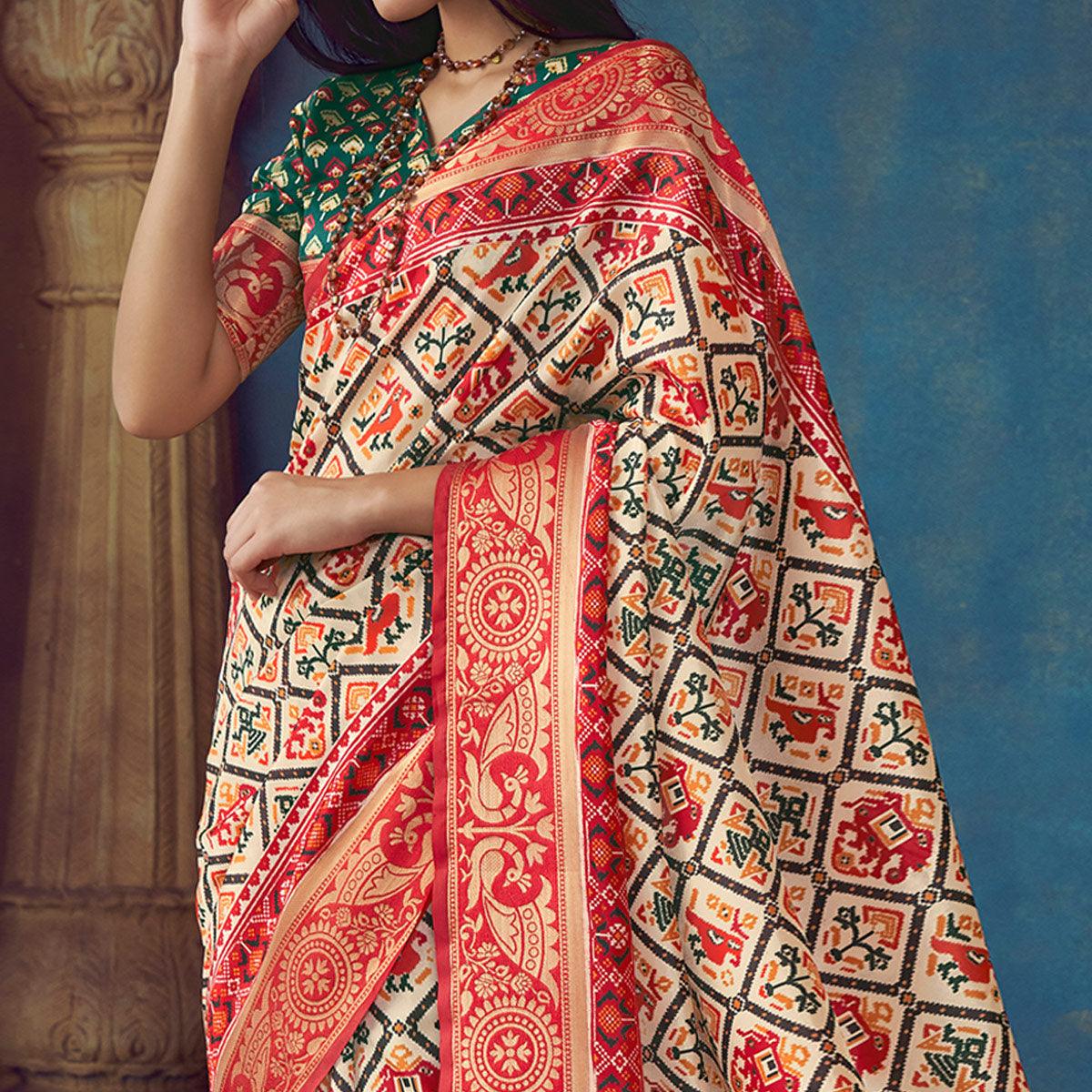 Beige Digital Printed Art Silk Saree With Tassels - Peachmode