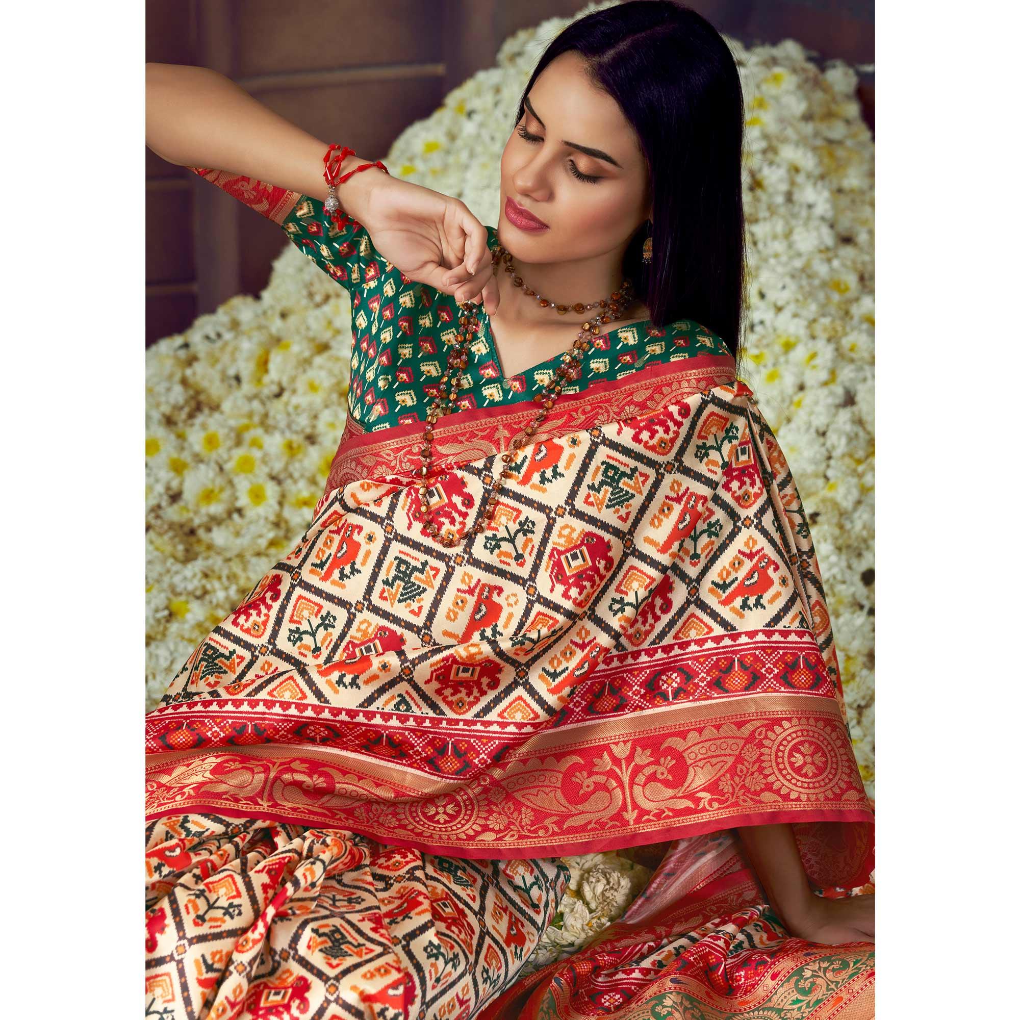 Beige Digital Printed Art Silk Saree With Tassels - Peachmode