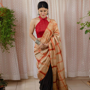 Beige Digital Printed Linen Half and Half Saree - Peachmode
