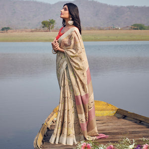 Beige Digital Printed Linen Saree - Peachmode