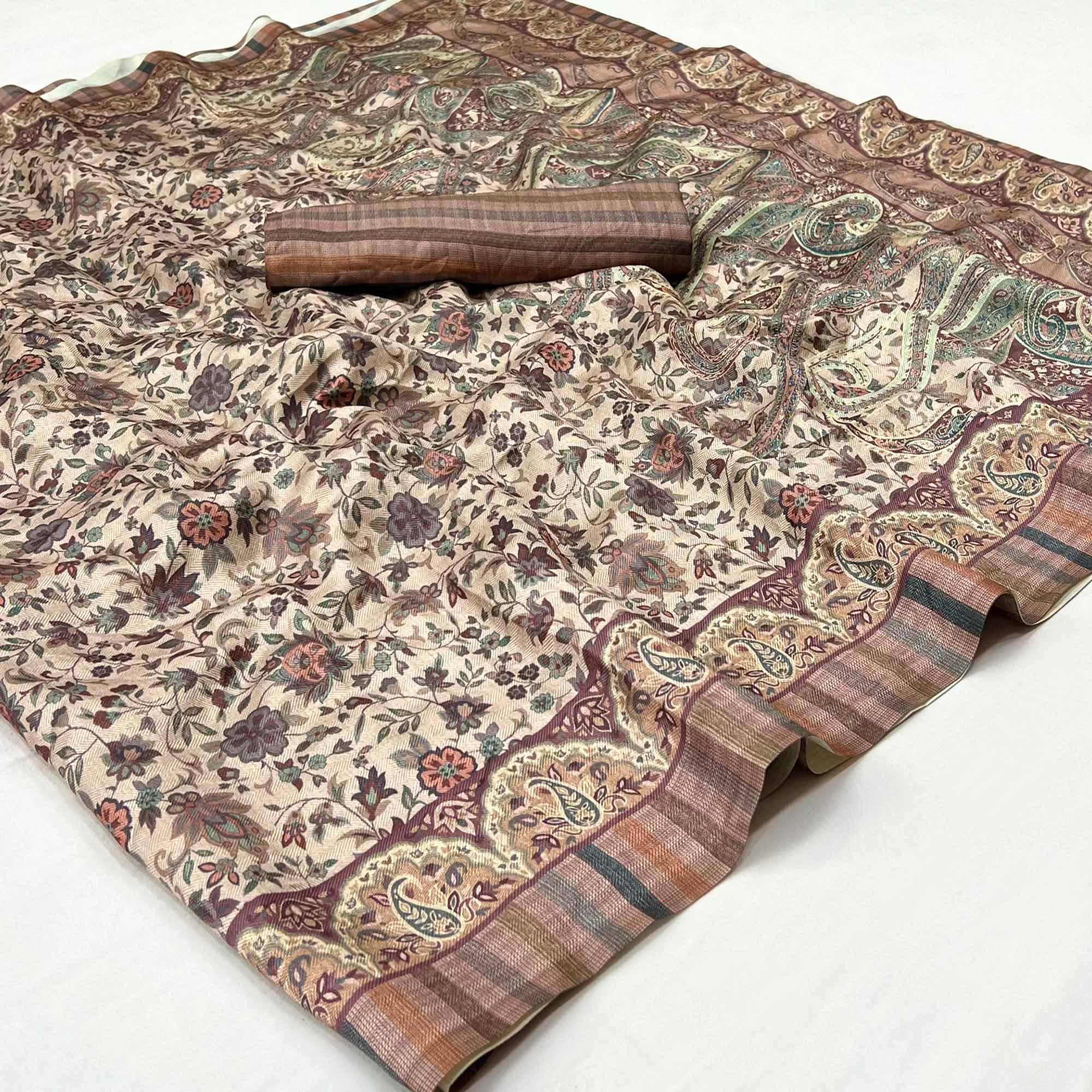 Beige Digital Printed Pashmina Saree - Peachmode