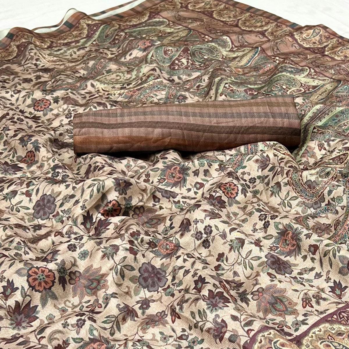 Beige Digital Printed Pashmina Saree - Peachmode