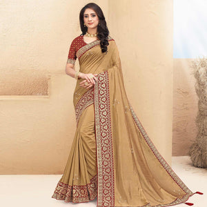 Beige Embellished Vichitra Silk Saree - Peachmode
