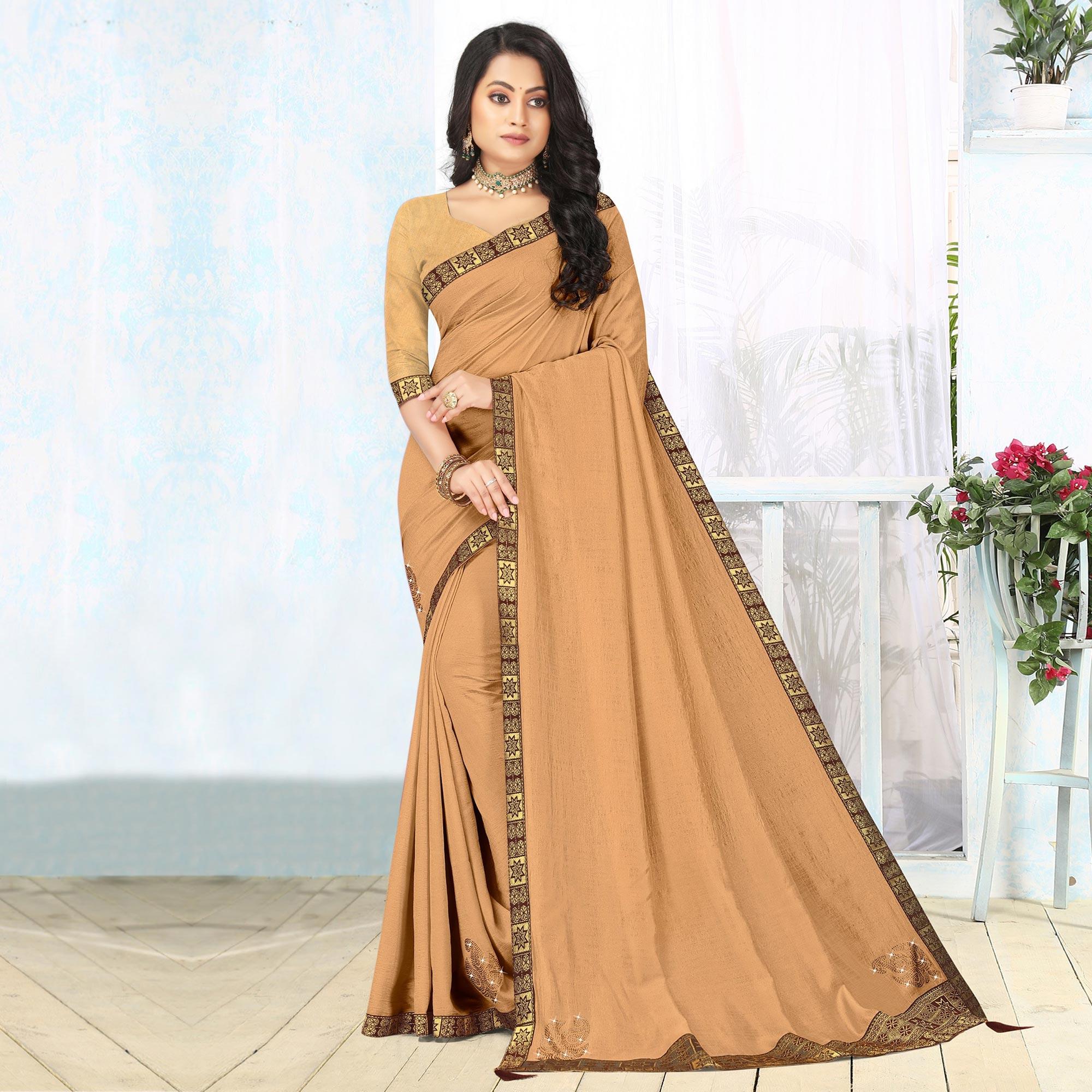 Beige Embellished Vichitra Silk Saree - Peachmode