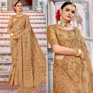 Beige Embellished With Embroidered Art Silk Saree - Peachmode