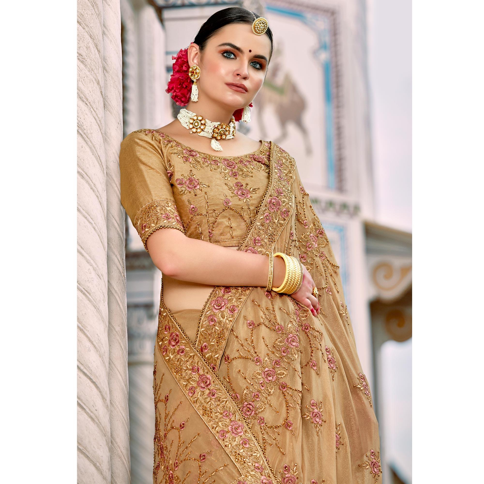 Beige Embellished With Embroidered Art Silk Saree - Peachmode