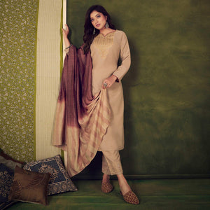 Beige Embellished With Embroidered Chiffon Kurti Pant Set With Dupatta - Peachmode