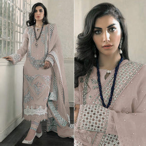 Beige Embellished With Embroidered Georgette Pakistani Suit - Peachmode