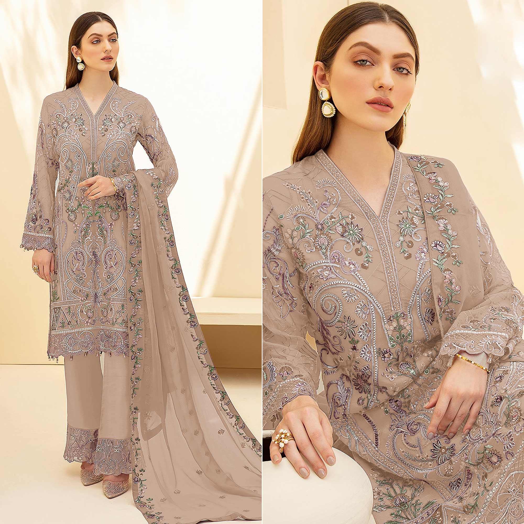 Beige Embellished With Embroidered Georgette Palazzo Suit - Peachmode
