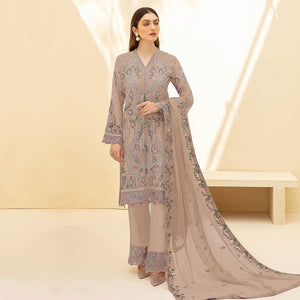 Beige Embellished With Embroidered Georgette Palazzo Suit - Peachmode