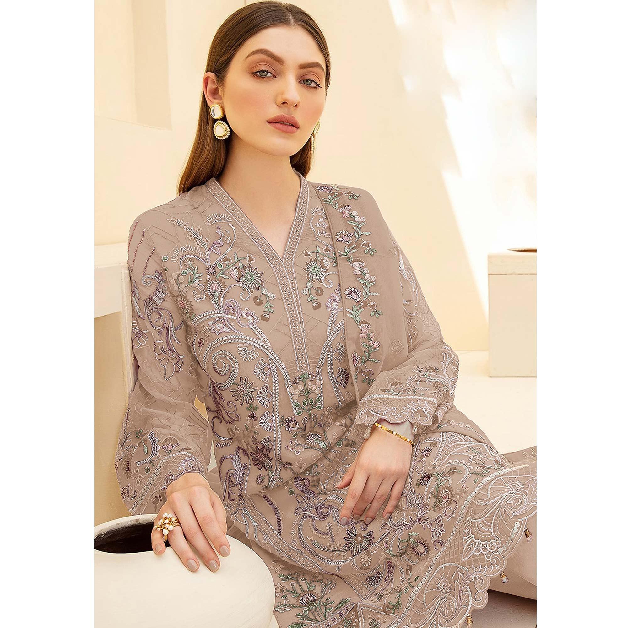 Beige Embellished With Embroidered Georgette Palazzo Suit - Peachmode