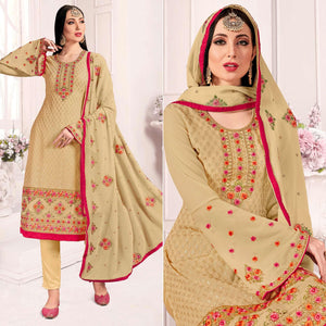 Beige Embroidered & Embellished Georgette Partywear Suit - Peachmode