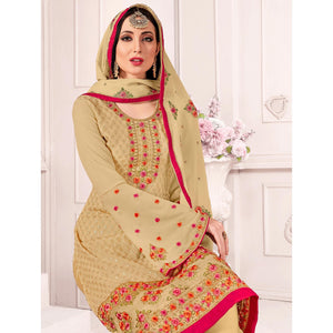 Beige Embroidered & Embellished Georgette Partywear Suit - Peachmode