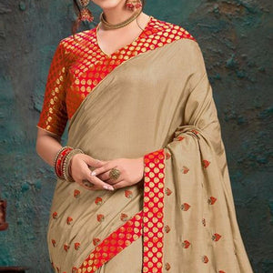 Beige Embroidered Art Silk Saree - Peachmode