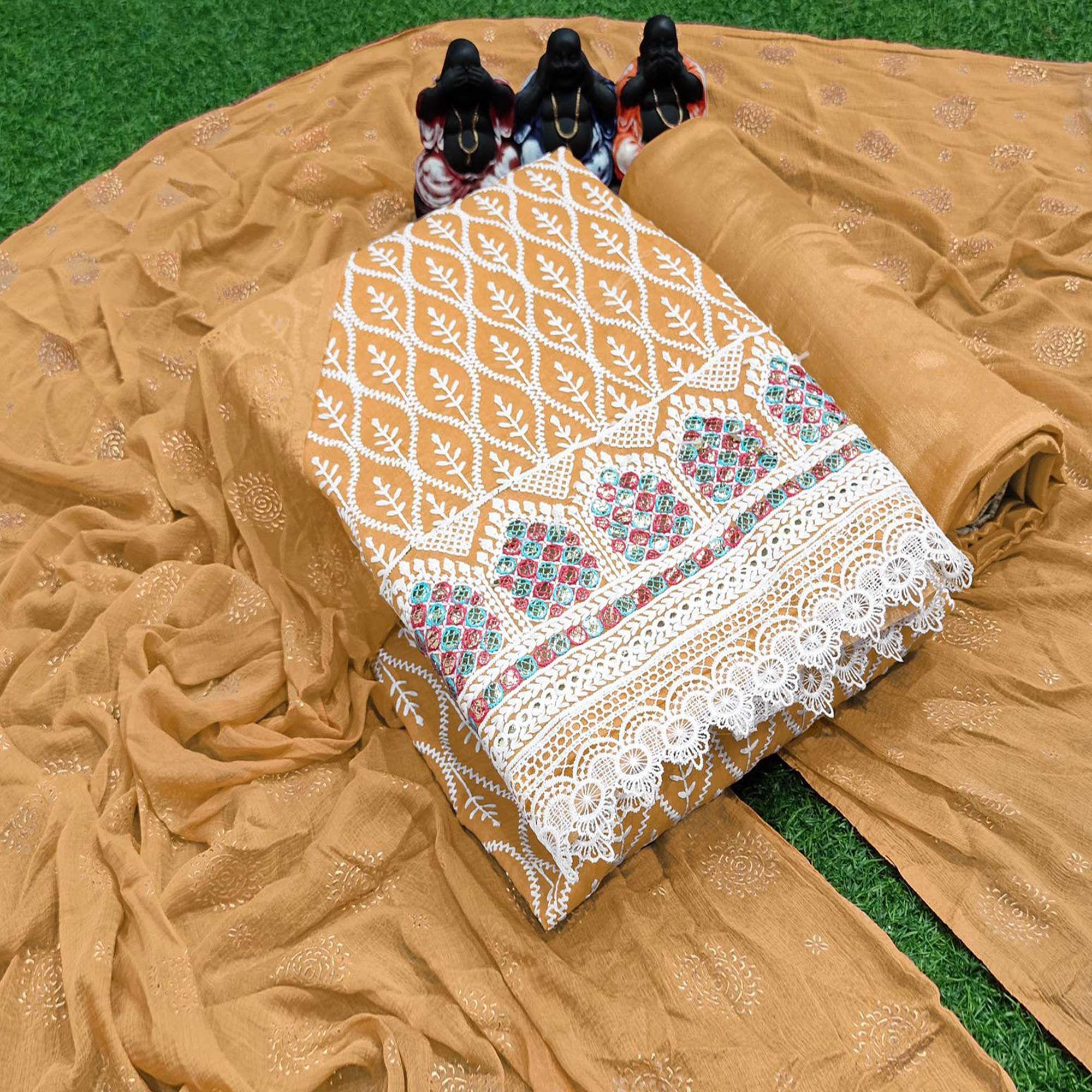 Beige Embroidered Chanderi Dress Material - Peachmode