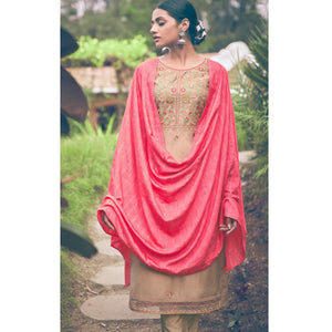 Beige Embroidered Chiffon Kurti Pant Set with Dupatta - Peachmode