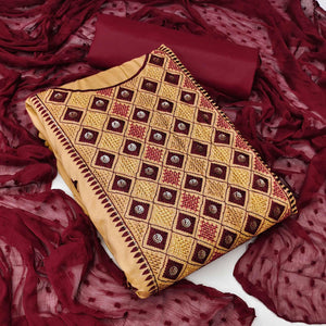 Beige Embroidered Cotton Blend Dress Material - Peachmode