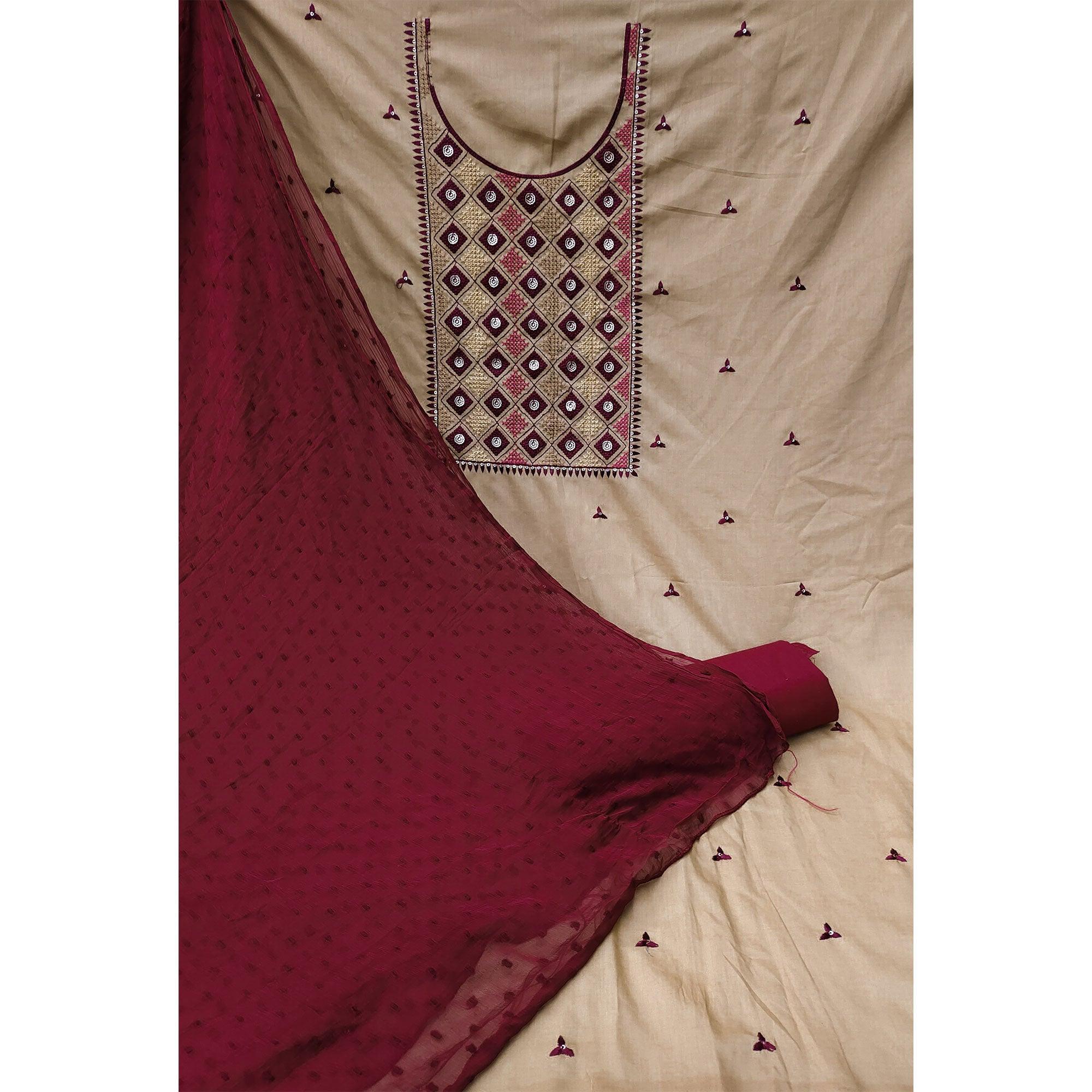 Beige Embroidered Cotton Blend Dress Material - Peachmode