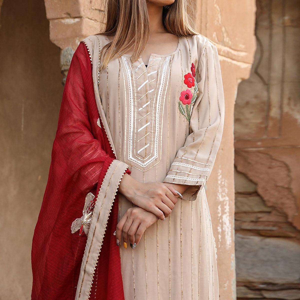 Beige Embroidered Cotton Partywear Kurti Pant Set With Dupatta - Peachmode