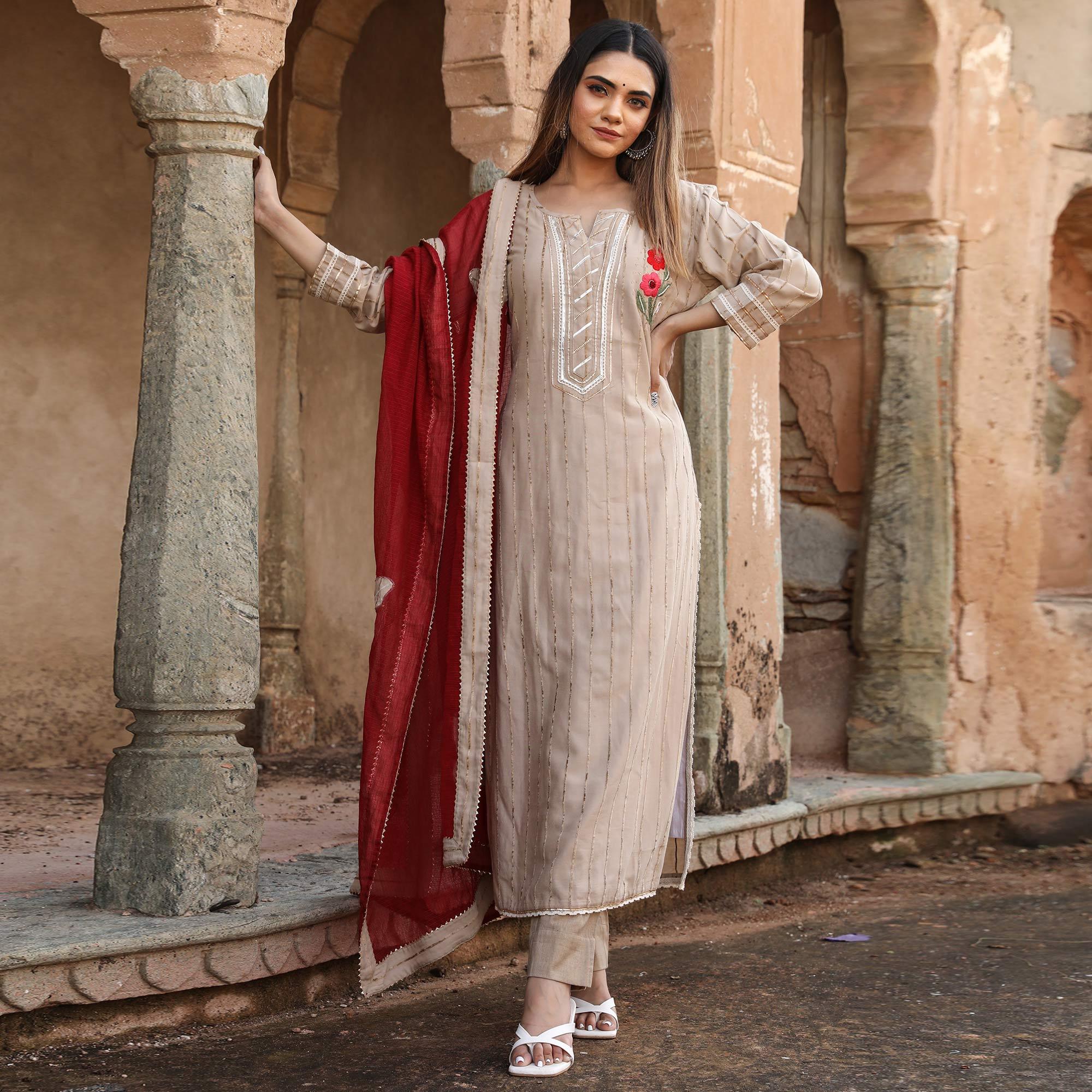Beige Embroidered Cotton Partywear Kurti Pant Set With Dupatta - Peachmode