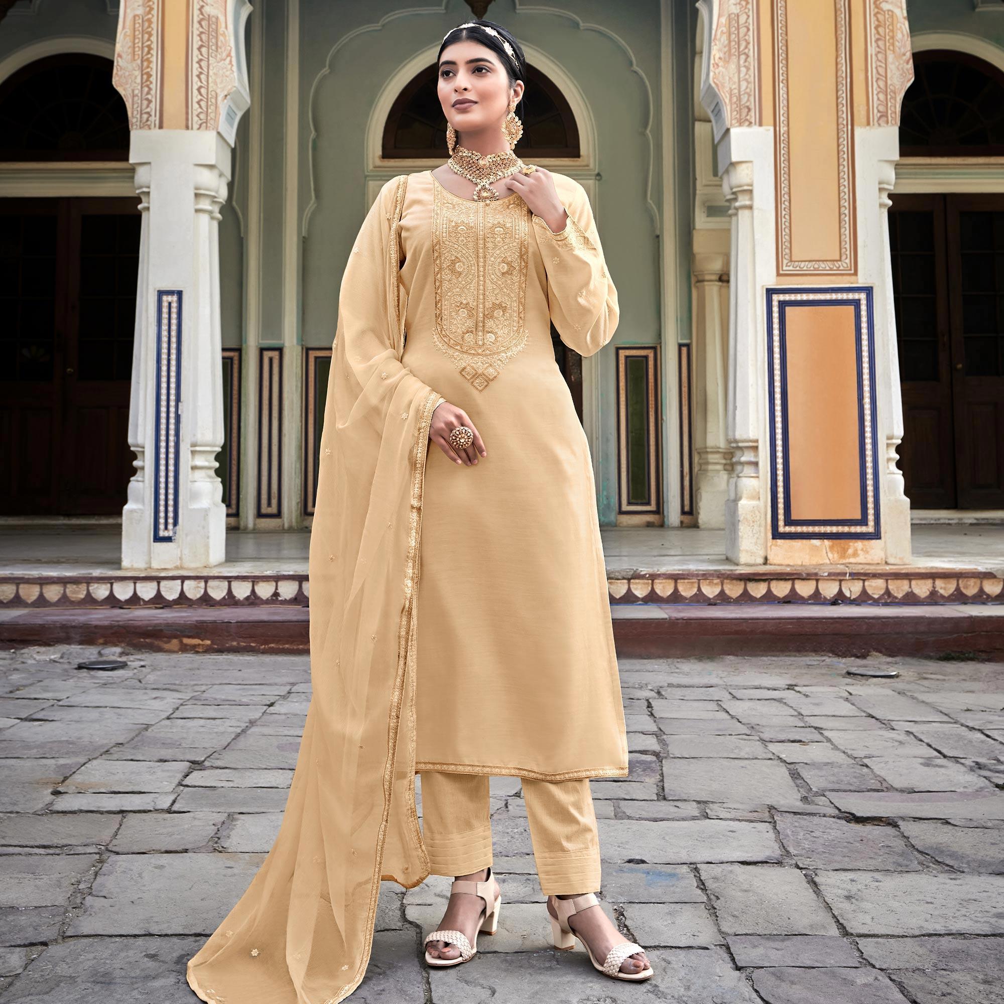 Beige Embroidered Cotton Silk Suit - Peachmode