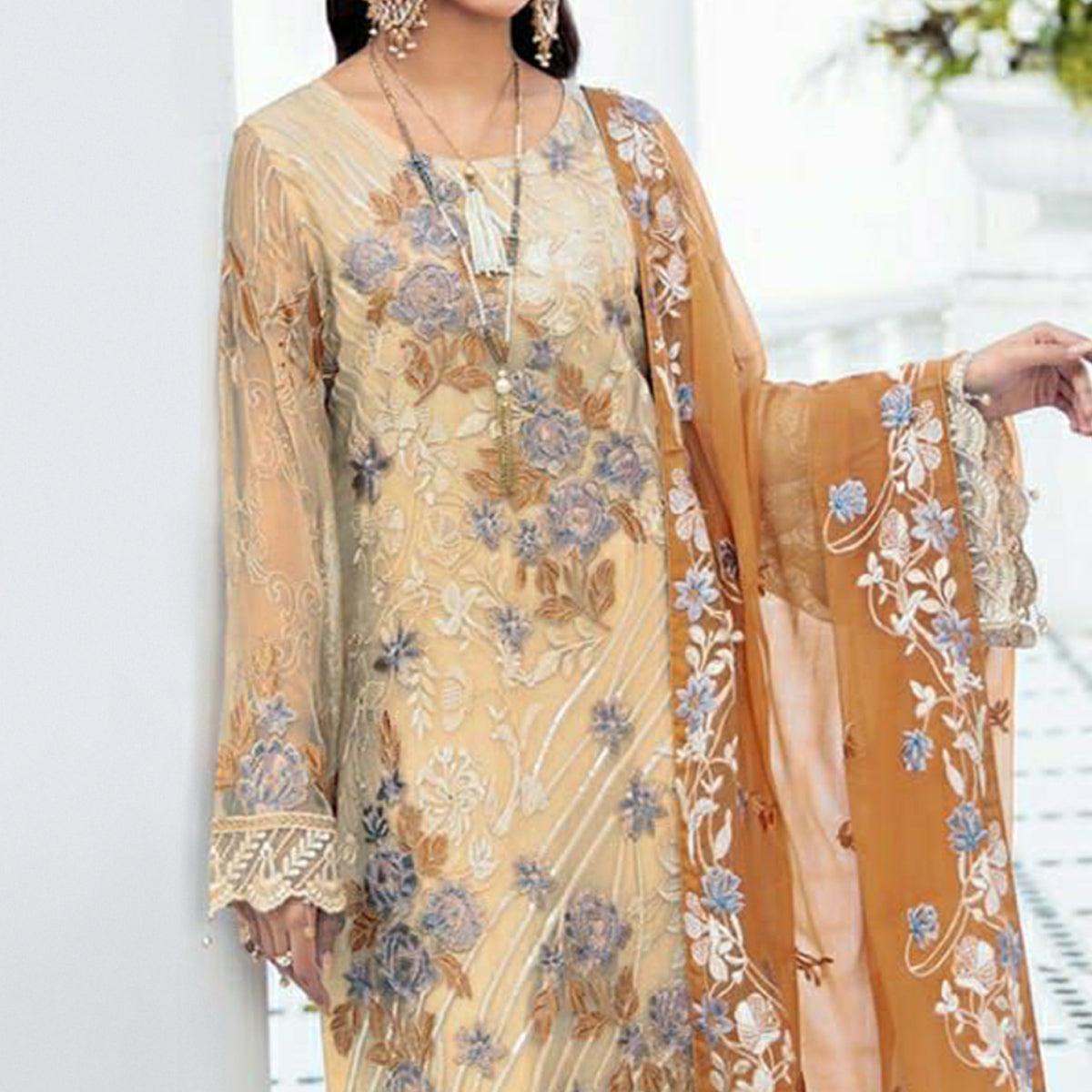Beige Embroidered Georgette Pakistani Suit - Peachmode