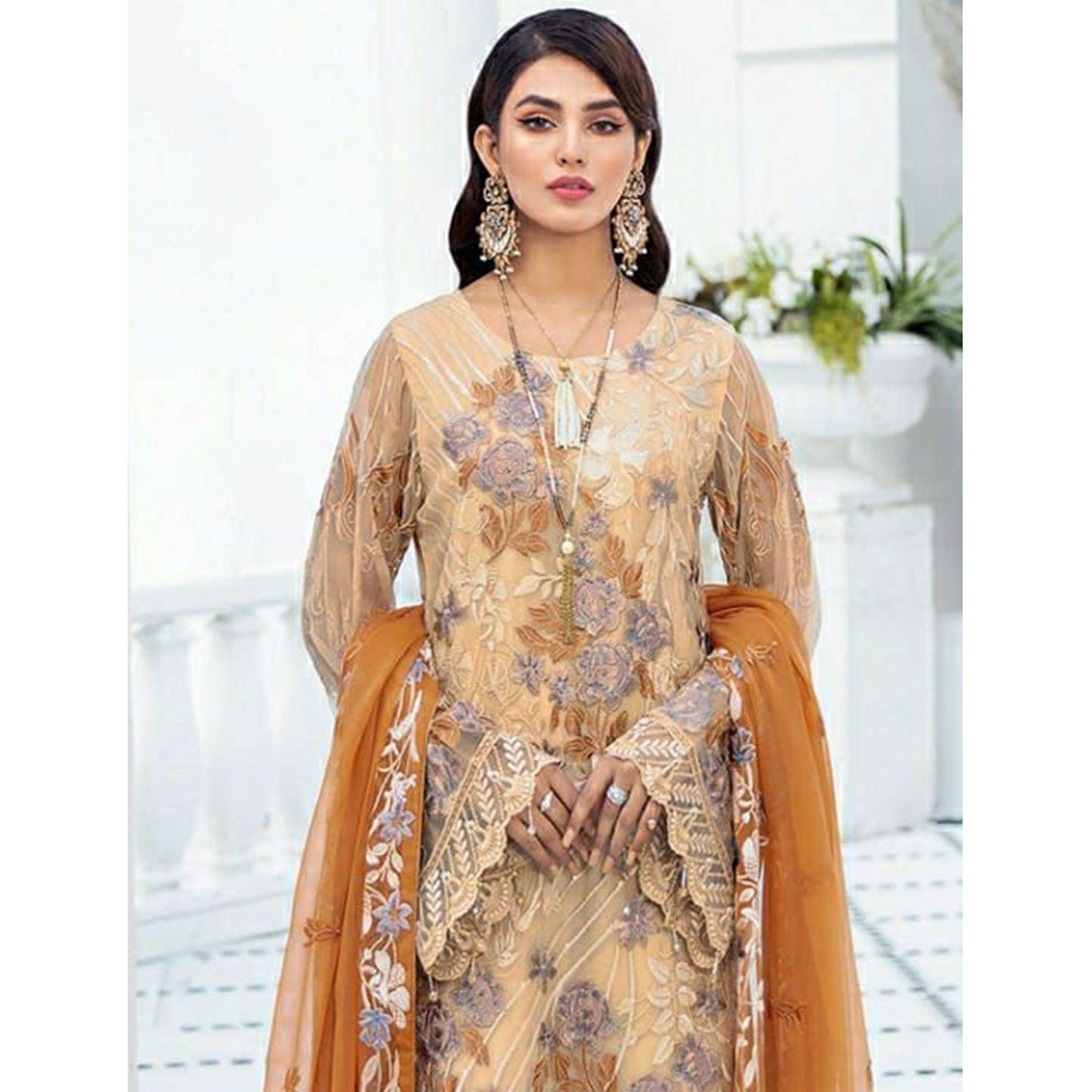 Beige Embroidered Georgette Pakistani Suit - Peachmode